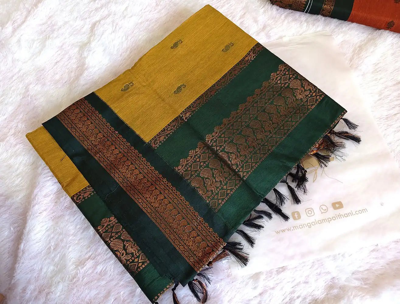 Mustard Yellow & Bottle Green Cotton Gadwal Saree