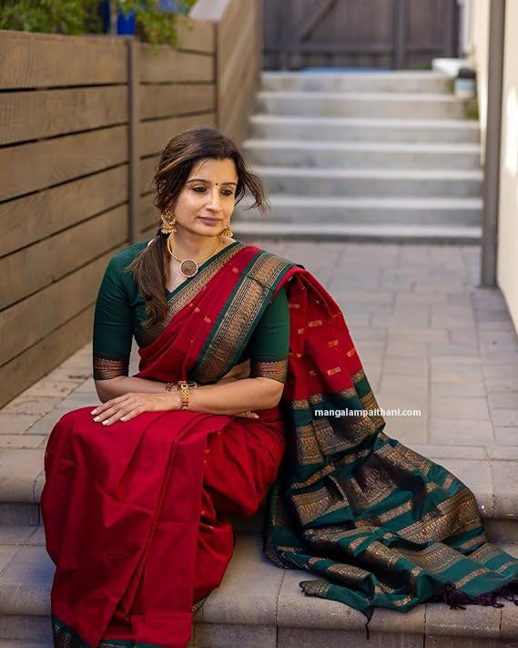 Maroon & Green Cotton Gadwal Saree