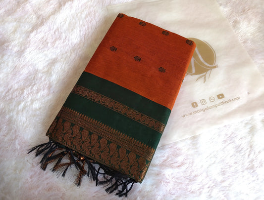 Orange & Bottle Green Cotton Gadwal Saree