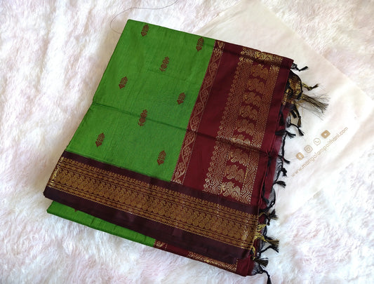 Parrot Green & Maroon Cotton Gadwal Saree