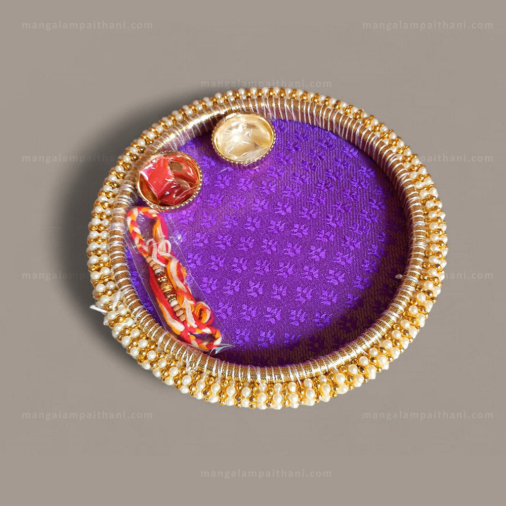Handmade Decorative Rakhi & Pooja Thali Set with Pearl Border