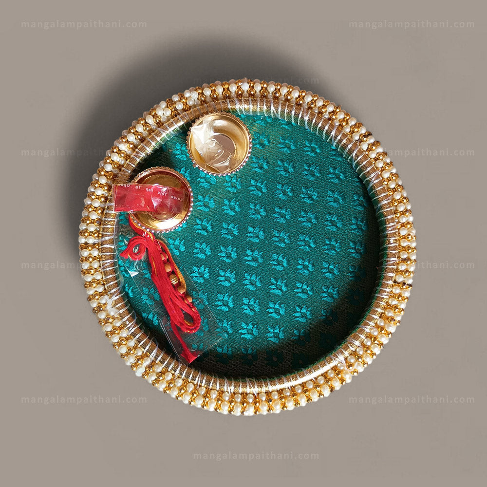 Handmade Decorative Rakhi & Pooja Thali Set with Pearl Border