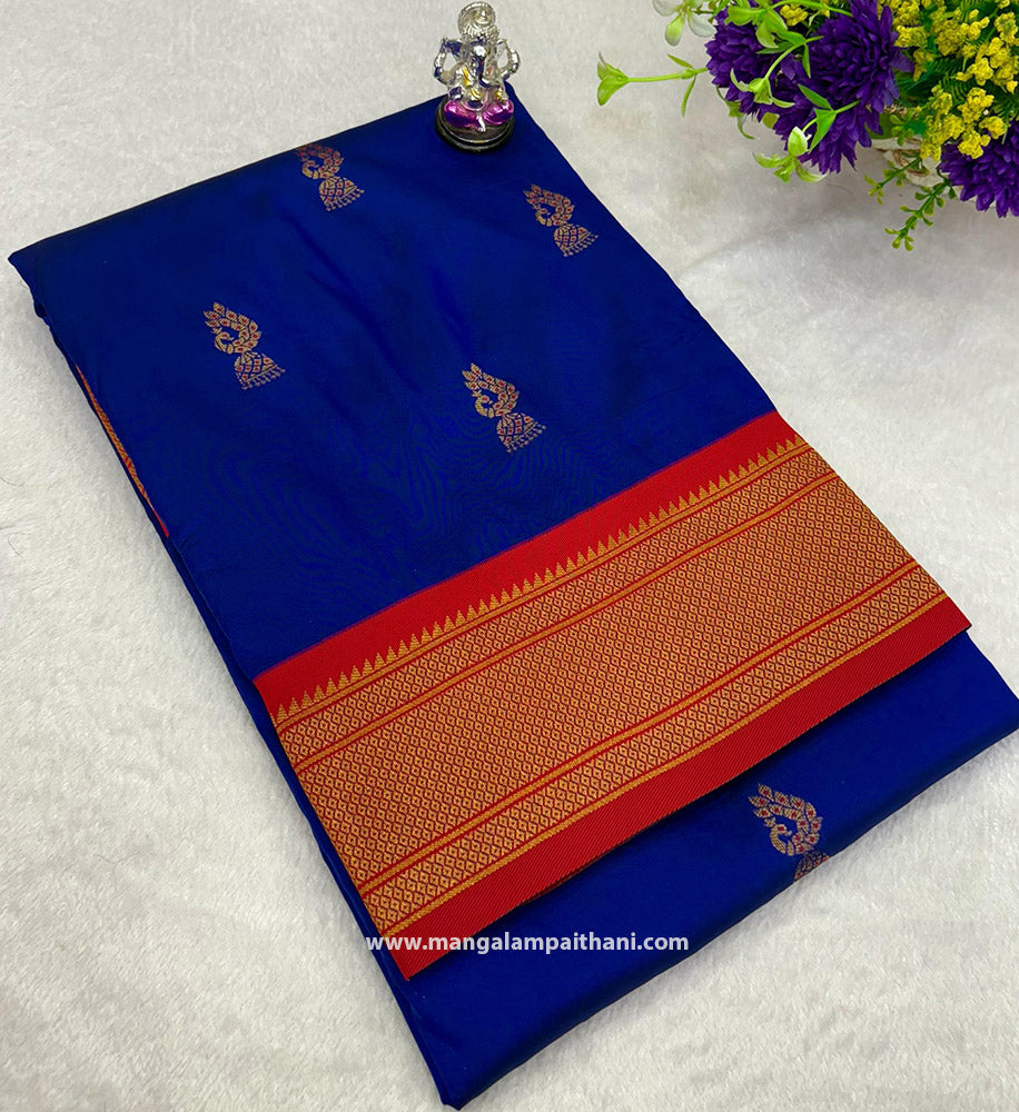 A blue Paithani saree with rich zari work and a red border