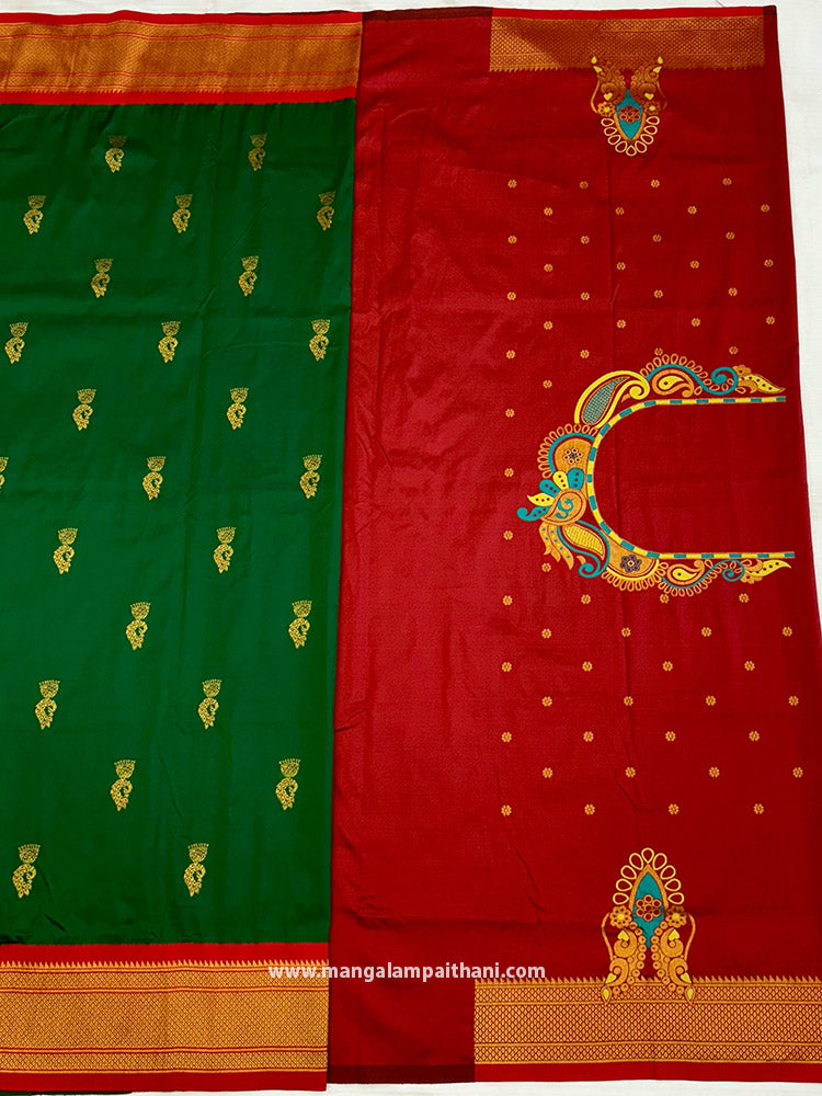 A traditional Paithani saree with a green and red color scheme