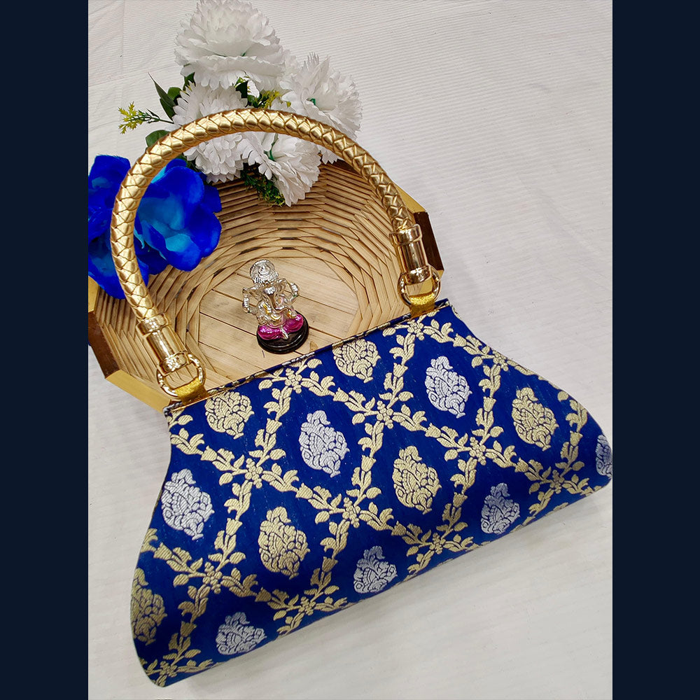 A purple and gold Mangalam Paithani clutch purse