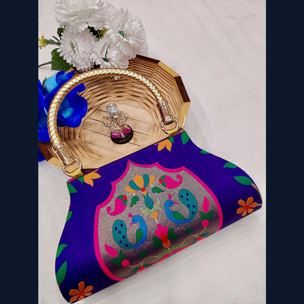 A purple and gold Mangalam Paithani clutch purse