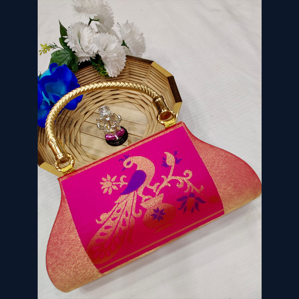 A purple and gold Mangalam Paithani clutch purse
