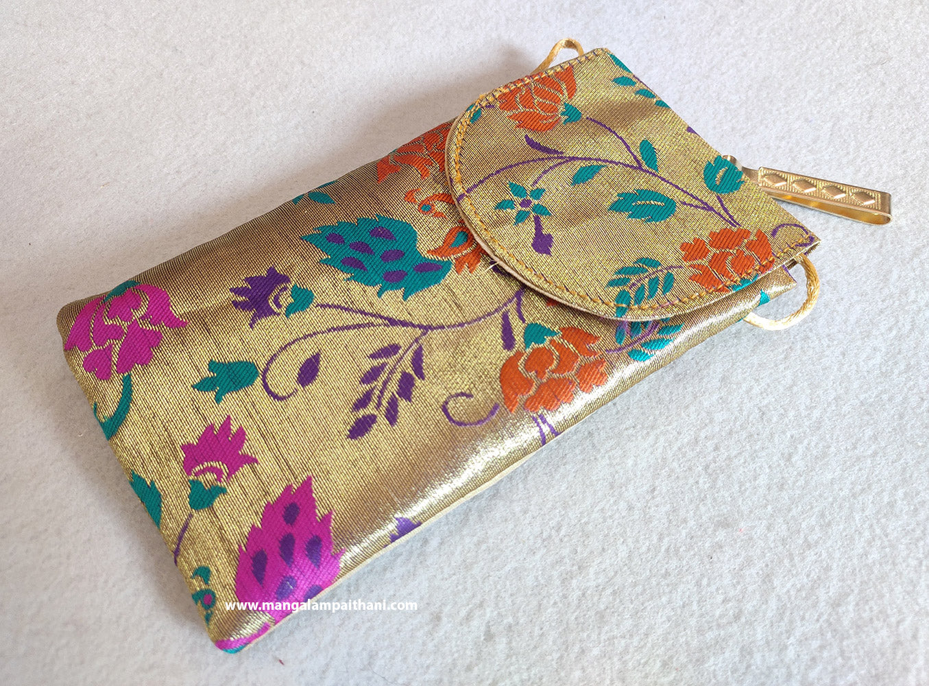 floral Paithani mobile pouch