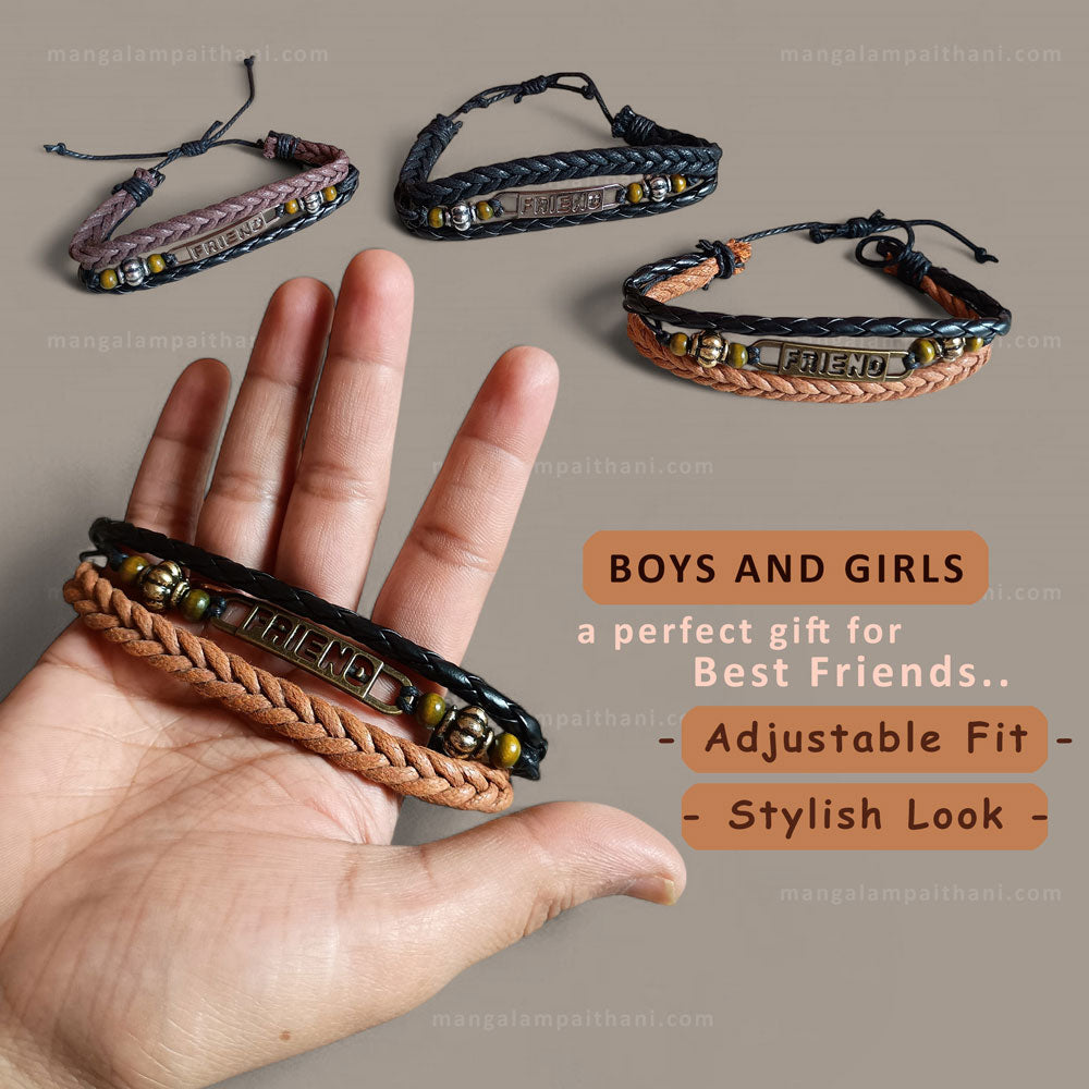 a braided leather bracelet with 'FRIEND' engraved