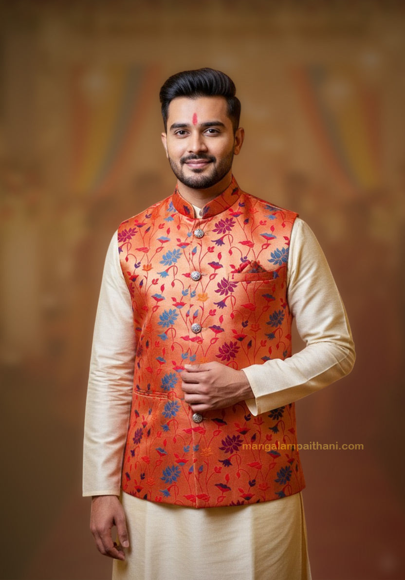 man with floral paithani jacket