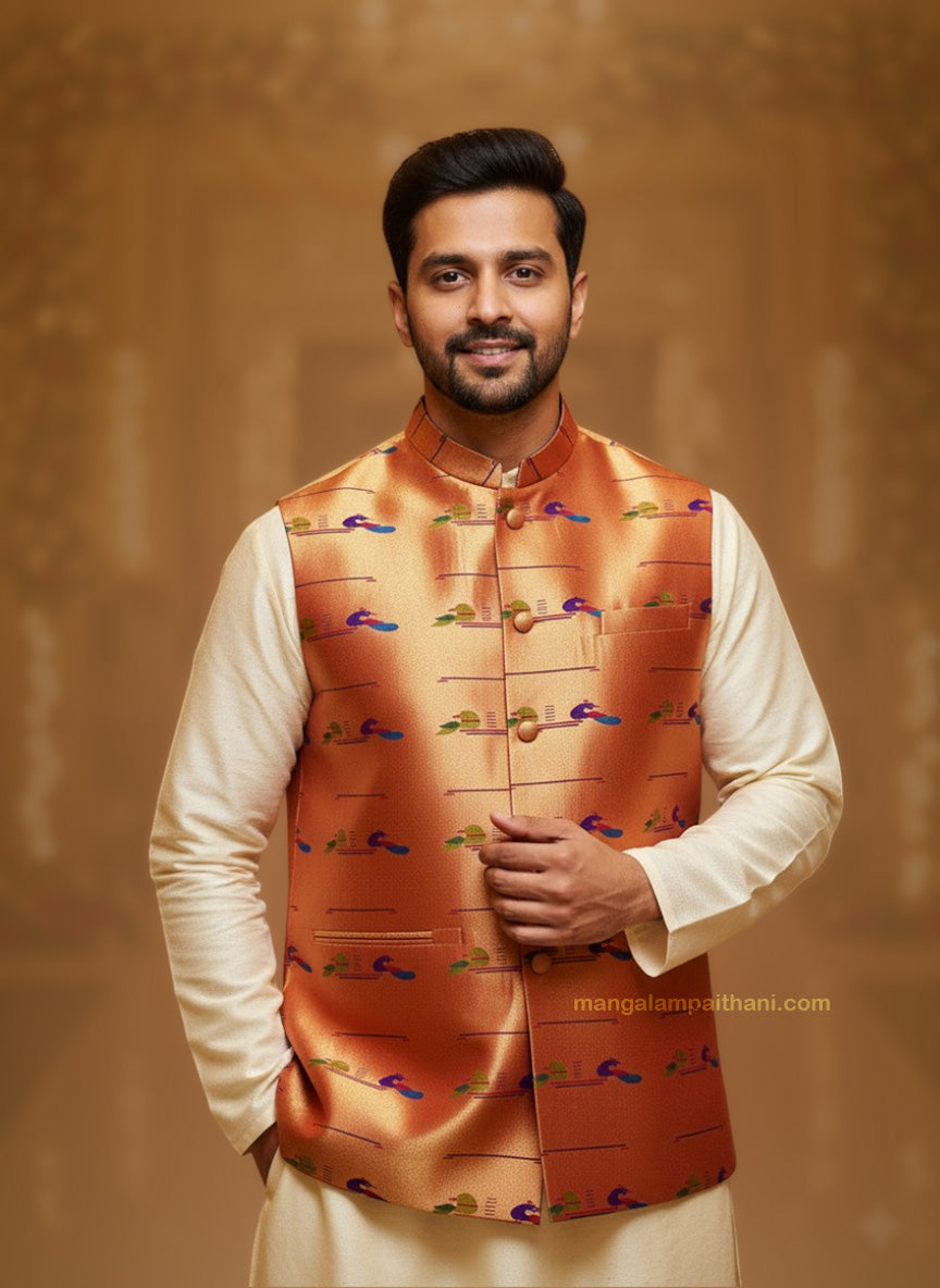 man wearing a paithani jacket for festival occasion, mangalam paithani jacket