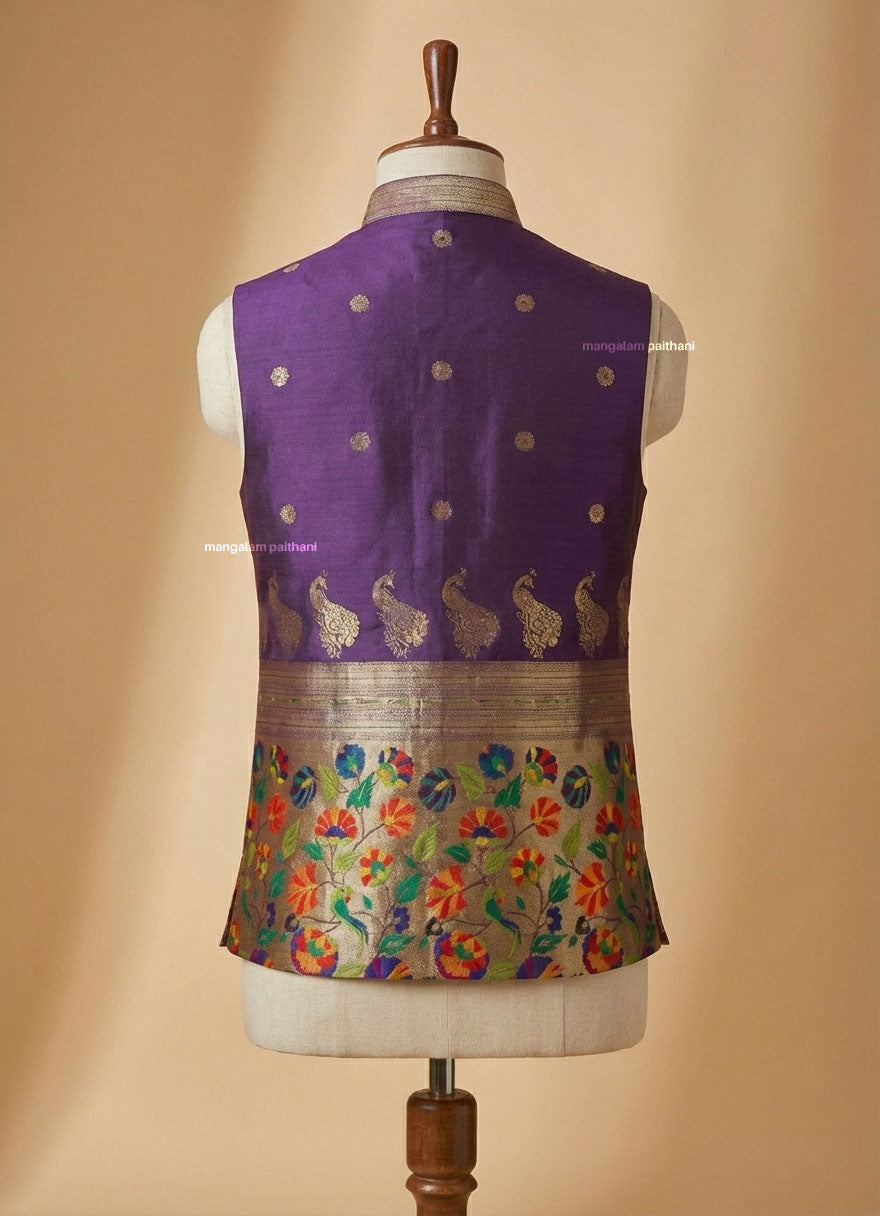 Purple Paithani Silk Nehru Jacket For Men - Peacock Motif
