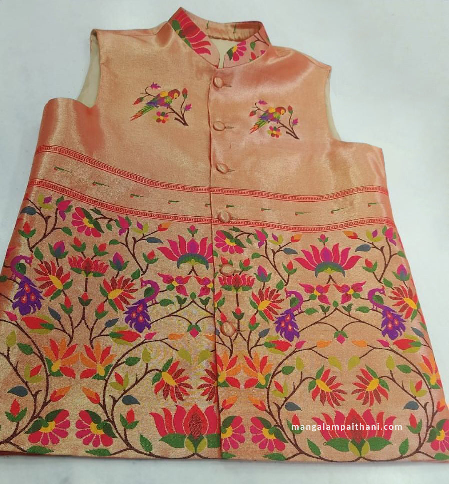 Paithani Silk Jacket For Men - Peach with Multicolor Floral & Peacock Design