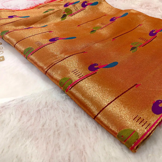 Golden Paithani Peacock Blouse Piece - Pink Base