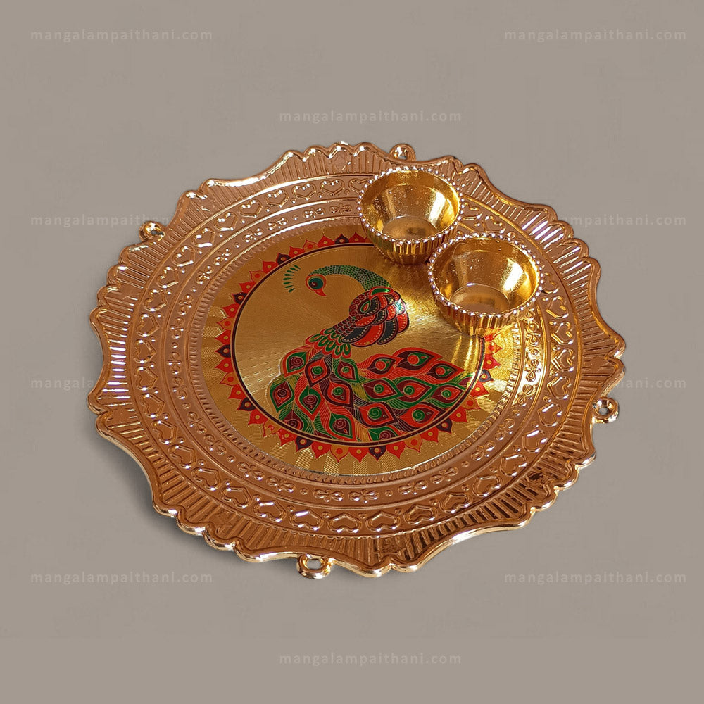 Decorative Golden Pooja Thali with Peacock Design & 2 Diyas (Pack Of 3)