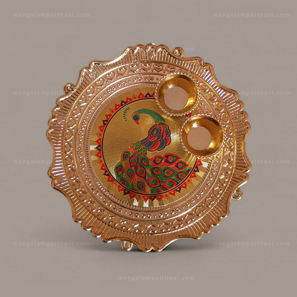 Decorative Golden Pooja Thali with Peacock Design & 2 Diyas (Pack Of 3)