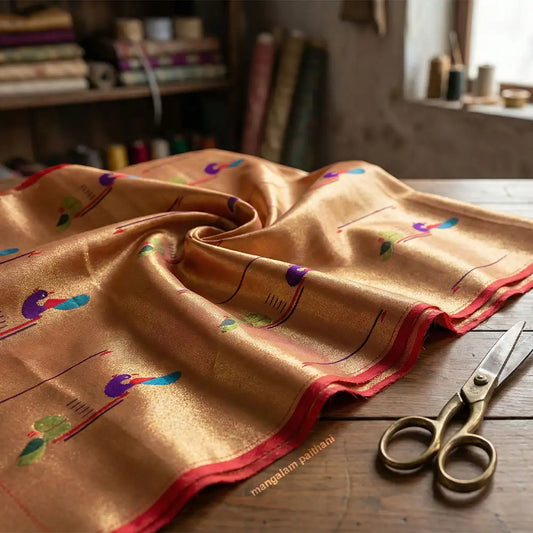 Golden Paithani Peacock Blouse Piece - Red Base