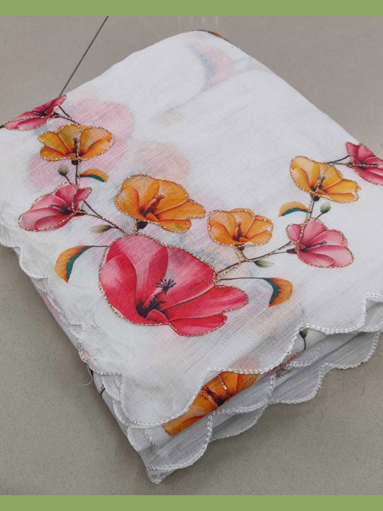 Elegant White Floral Print Georgette Saree (Pack Of 2)