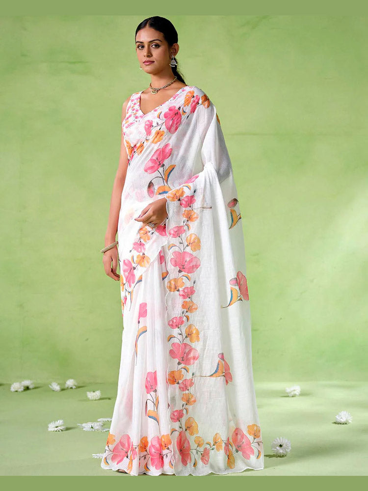 linen cotton white saree