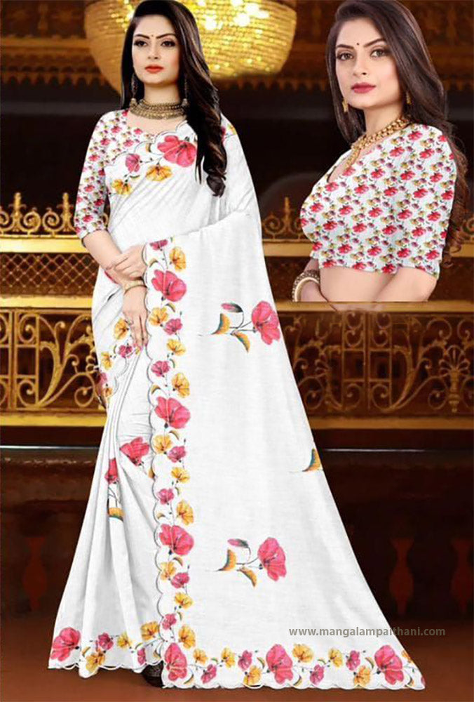 white saree with floral patterns in a decorative setting