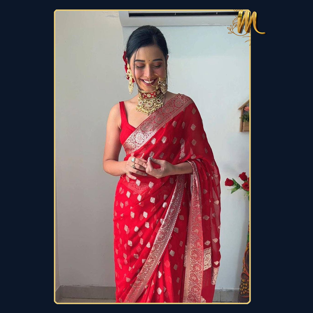 One Minute Wear Saree - Red Silver