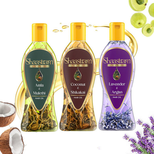 Shaastram - Amla Mulethi, Coconut Shikakai & Lavender Argan Hair Oil (180 ml) - Pack Of 3