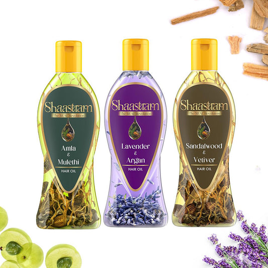 Shaastram - Amla Mulethi, Lavender Argan & Sandalwood Vetiver Hair Oil (180 ml) - Pack Of 3