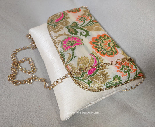 white paithani purse with chain