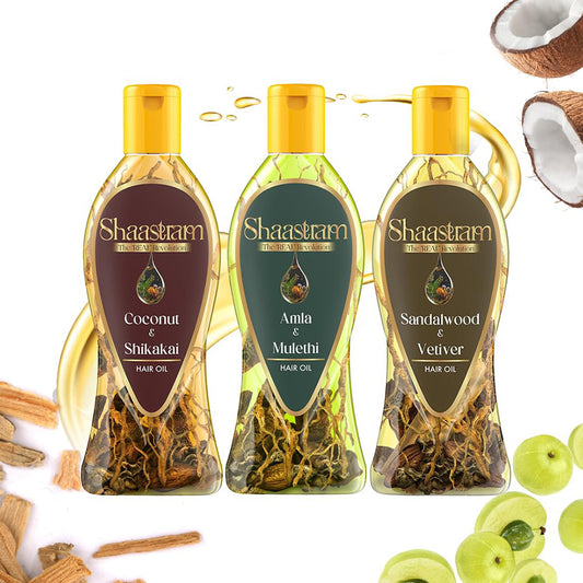 Shaastram - Coconut Shikakai, Amla Mulethi & Sandalwood Vetiver Hair Oil (180 ml) - Pack Of 3