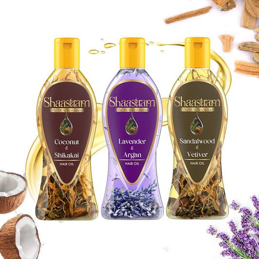 Shaastram - Coconut Shikakai, Lavender Argan & Sandalwood Vetiver Hair Oil (180 ml) - Pack Of 3