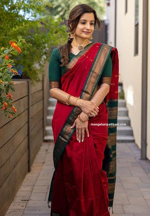 Maroon & Green Cotton Gadwal Saree