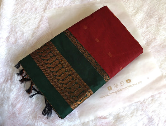 Maroon & Green Cotton Gadwal Saree