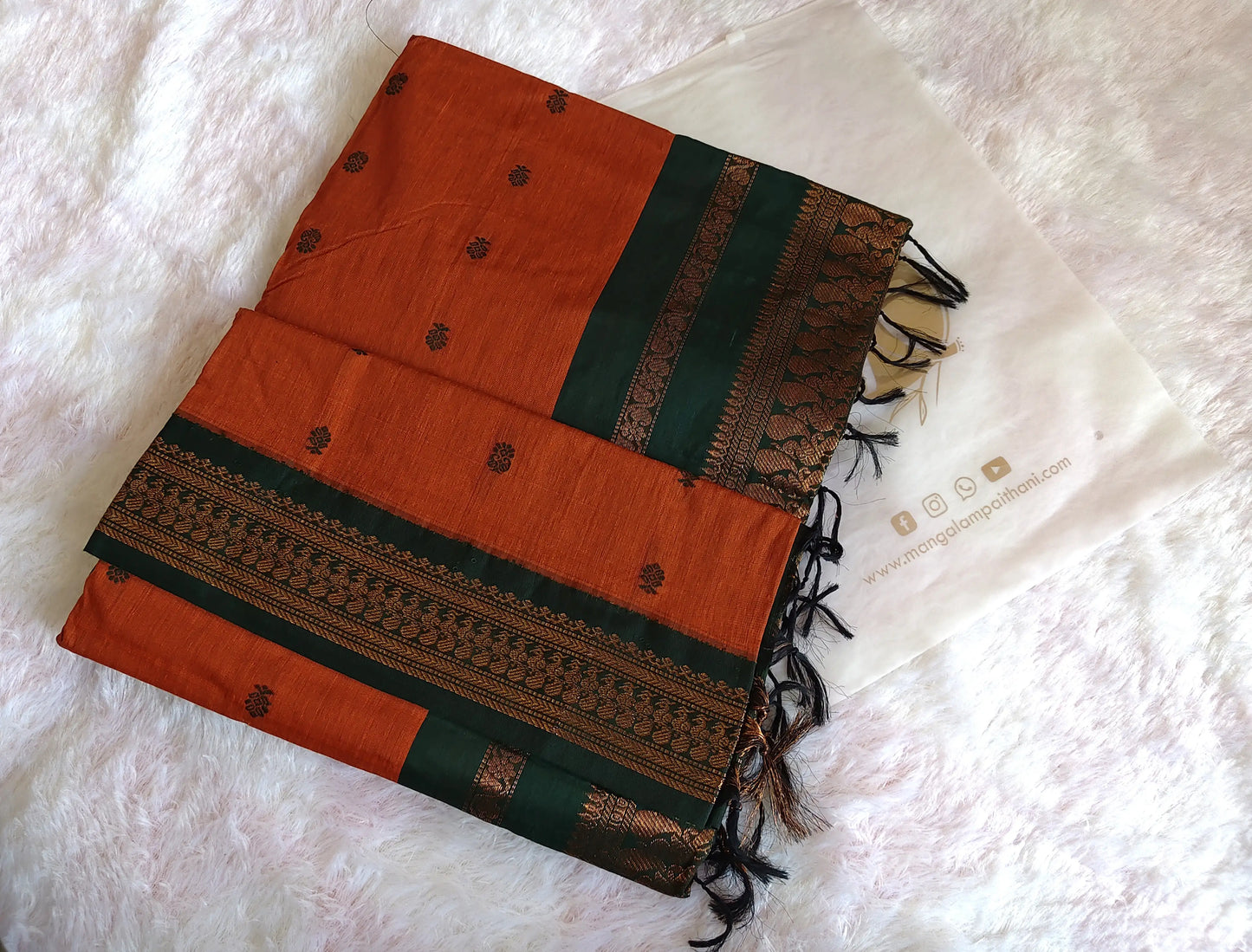 Orange & Bottle Green Cotton Gadwal Saree