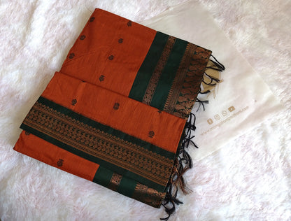 Orange & Bottle Green Cotton Gadwal Saree