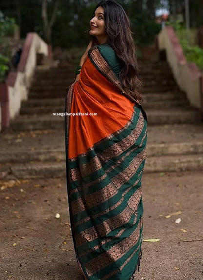 Orange & Bottle Green Cotton Gadwal Saree