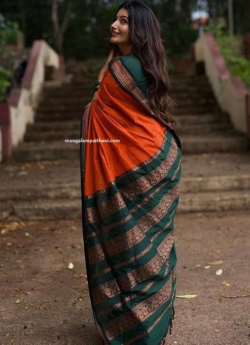 Orange & Bottle Green Cotton Gadwal Saree