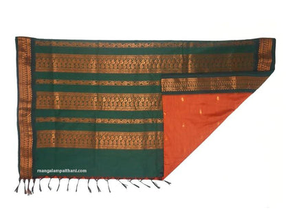 Orange & Bottle Green Cotton Gadwal Saree