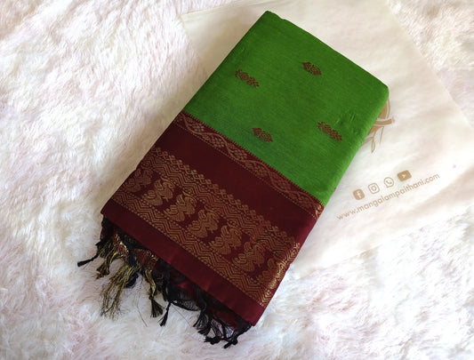 Parrot Green & Maroon Cotton Gadwal Saree