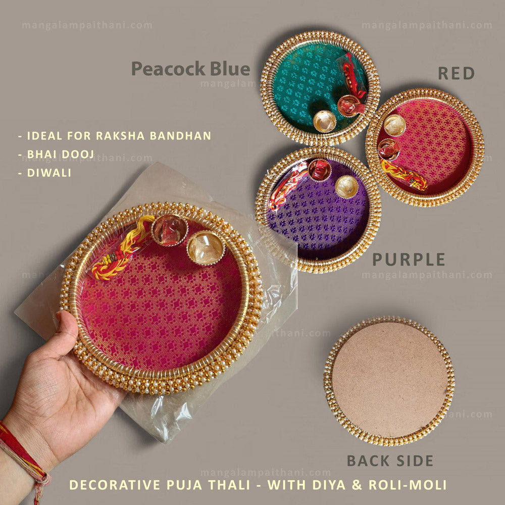 Decorative Puja Thali with Diya and Roli-Moli in Peacock Blue, Red, and Purple, mangalam paithani