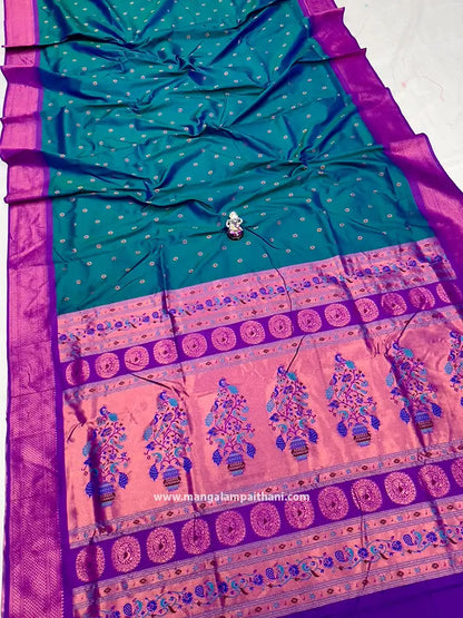 Teal and pink saree with intricate patterns mangalam paithani saree