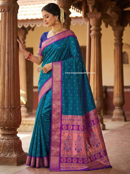 traditional teal and pink saree