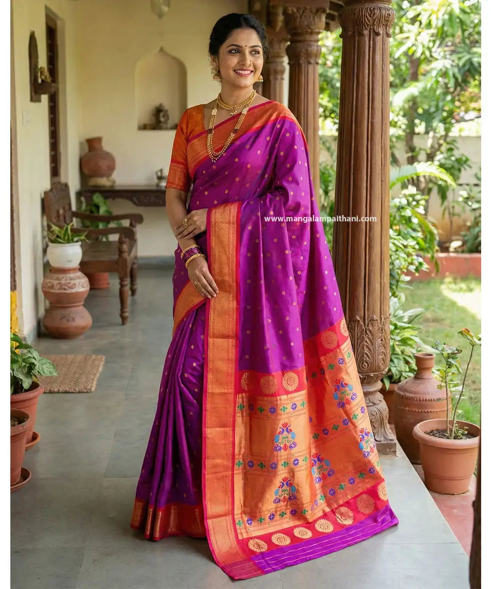 purple and orange saree mangalam paithani saree