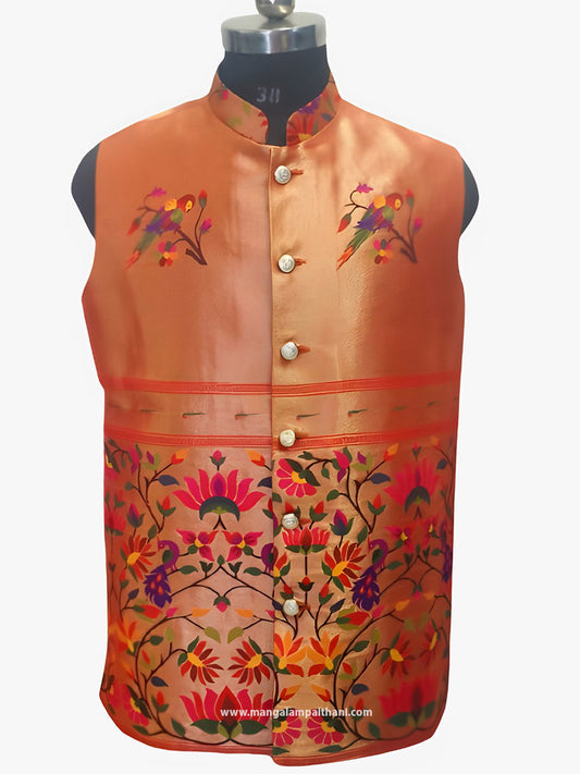 Paithani Silk Jacket For Men - Peach with Multicolor Floral & Peacock Design