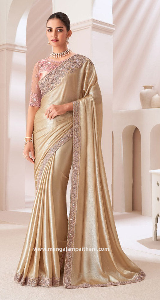 Satin Chiffon Saree With Embroidery Work Border