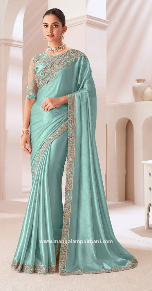 Satin Chiffon Saree With Embroidery Work Border