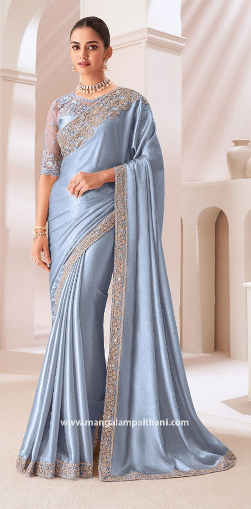 Satin Chiffon Saree With Embroidery Work Border