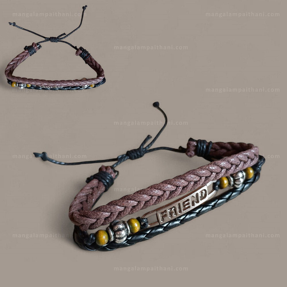Bracelet with braided design, beads, and 'FRIEND' tag