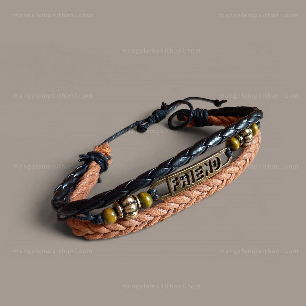 Bracelet with braided design, beads, and 'FRIEND' tag