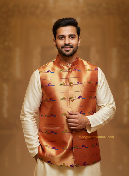 man wearing a paithani jacket for festival occasion, mangalam paithani jacket