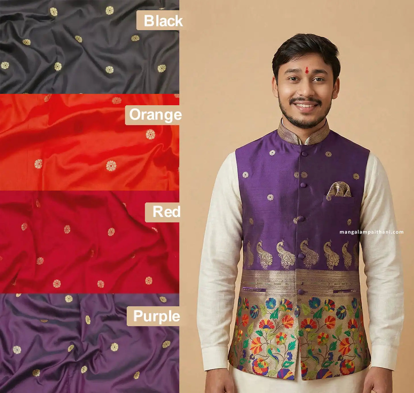 Purple Paithani Silk Nehru Jacket For Men - Peacock Motif